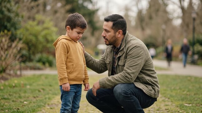 A father kneels to comfort his sad son in a park. This scene highlights emotional support, parenting, and men's mental health. Perfect for family counseling and mental wellness campaigns.