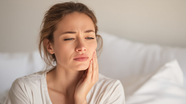 Woman suffering from toothache and holding her jaw, representing dental pain, oral health problems, tooth sensitivity, inflammation, and medical care.
