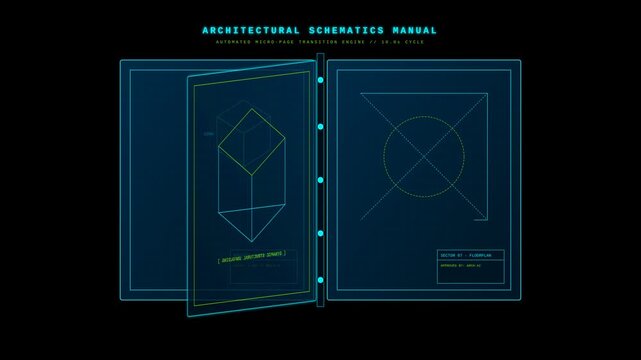 Futuristic Digital Architectural Blueprint Interface with Rotating Geometric Structure Animation