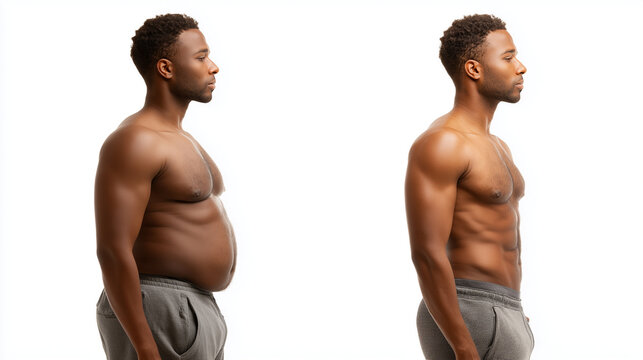 Before and after side profile of an overweight man transformed into a lean athletic physique, illustrating weight loss success, fitness training, healthy habits and body transformation.