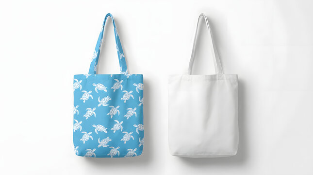 Mockup of blue sea turtle pattern tote bag and white canvas bag