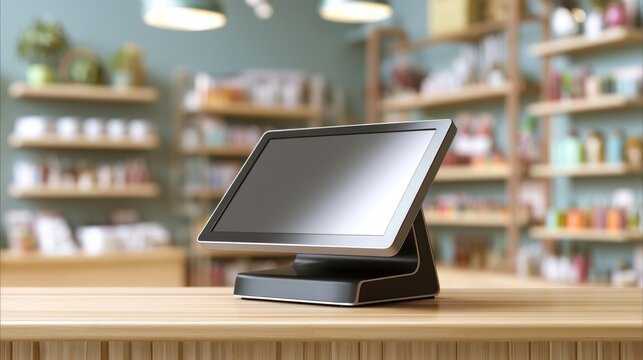 Modern point of sale terminal on a wooden counter in a store