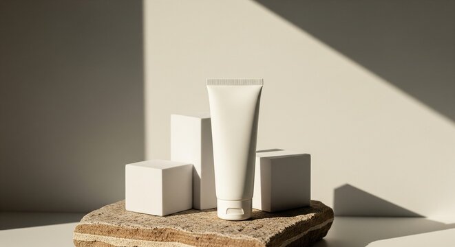 Blank cosmetic tube standing on a natural stone podium with white geometric pedestals against a beige background for branding