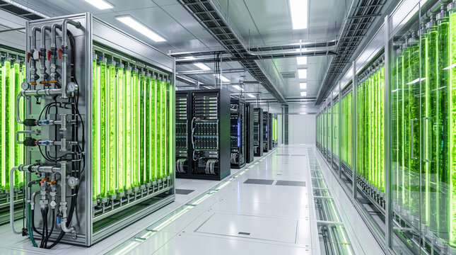 Futuristic AI Data Center Interior Cooled by Green Micro-Algae Bioreactors