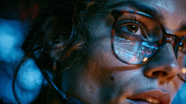 An extreme close-up profile view of a focused woman wearing glasses, with colorful financial stock charts and data graphs reflected on the lenses.
