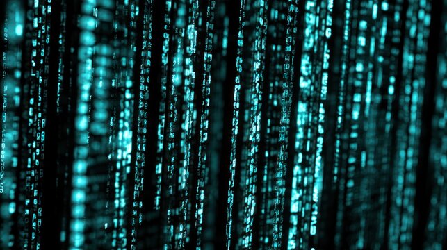 Abstract digital rain of teal binary code falling in vertical lines on black background