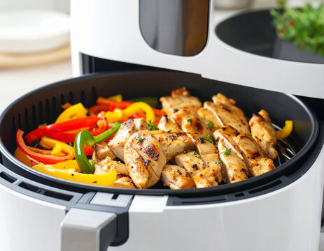 Air fryer, cooking roasted chicken and colored bell peppers, closeup. AI