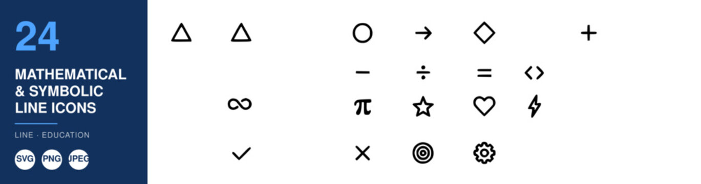 Mathematical Symbolic Line Icons Set, Education Design, Vector Illustration, Infographic Elements, Minimalist Style