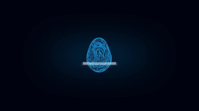 Digital fingerprint scan glows with vibrant blue neon light on dark. Cyber identification security checks this digital fingerprint scan. Biometric access system reads the digital fingerprint scan.