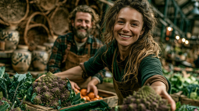 Medium-wide highly detailed photograph of a smiling market vendor in an apron offering fresh romanesco broccoli, with her cheerful colleague blurry in the backdrop.