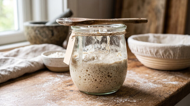 Freshly baked sourdough bread with crispy crust on rustic wooden cutting board, artisan bakery food photography
