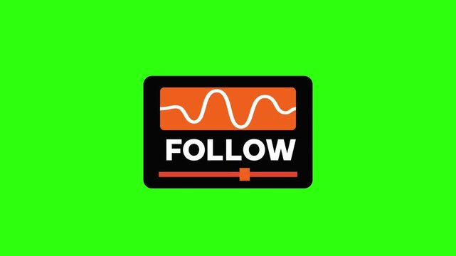 Animated follow button badge with audio sound wave player on green screen chroma key