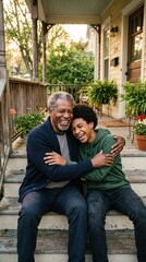 Fototapeta premium Elderly man and teenage boy hug laughing on wooden steps. Supportive intergenerational bond promotes emotional well being and joy. Useful for mental health awareness and family connection.