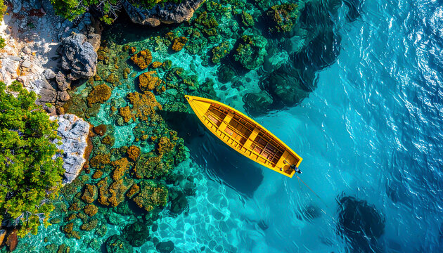 Gelbes Holzboot im t&uuml;rkisblauen Meer aus der Luft