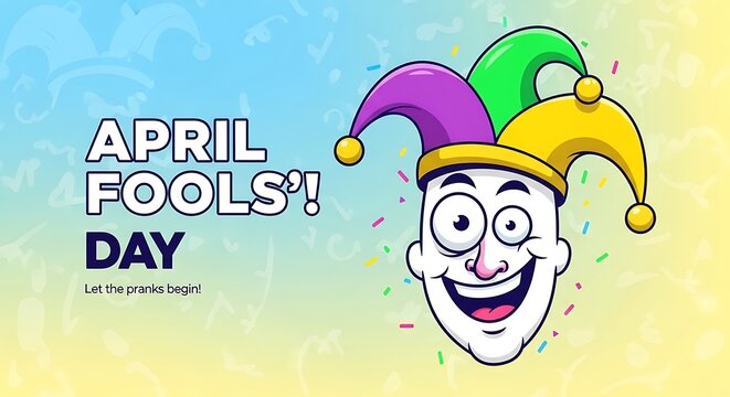 April Fools Day banner features cheerful jester and festive confetti