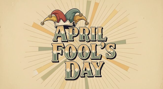 April fools day vintage poster with jester hat and sunburst