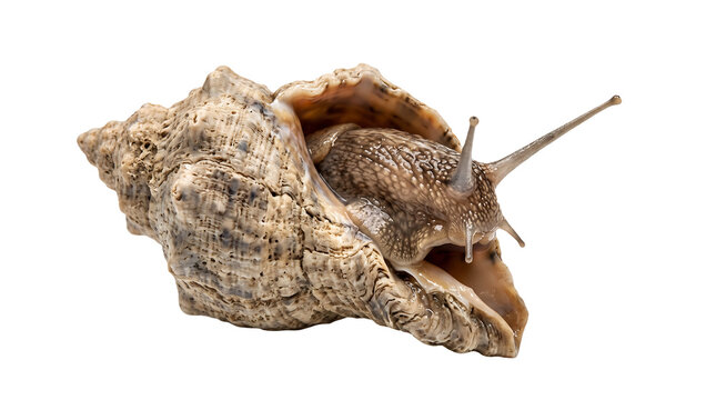 Edible sea snail emerging from shell isolated on white background