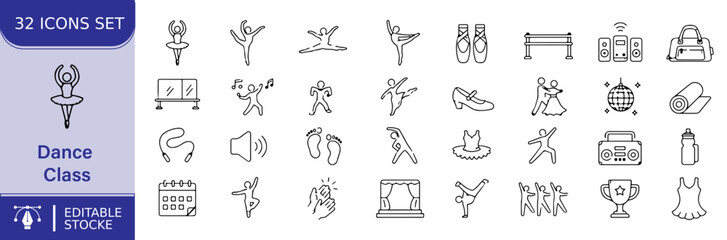 32 Dance Class Vector Outline Icons Set – Ballet, Dancing, Choreography, Music, Performance and Fitness Line Symbols Collection
