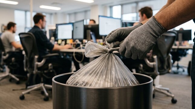 Cleaning staff emptying trash bin in busy modern office workspace.