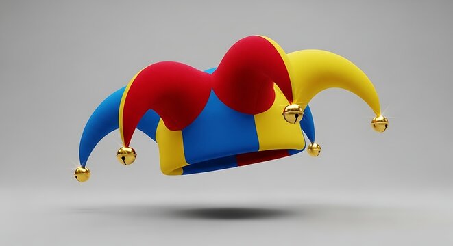 Colorful jester hat with golden bells floats on a white background