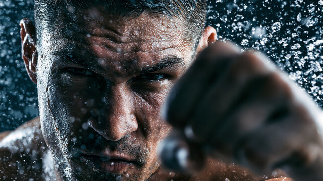 Boxer punching directly toward the camera, frozen sweat particles, high-speed photography effect, dark background, powerful energy