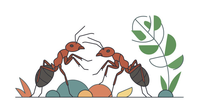 Two ants interact while standing on colorful stones near green foliage in a vector scene.
