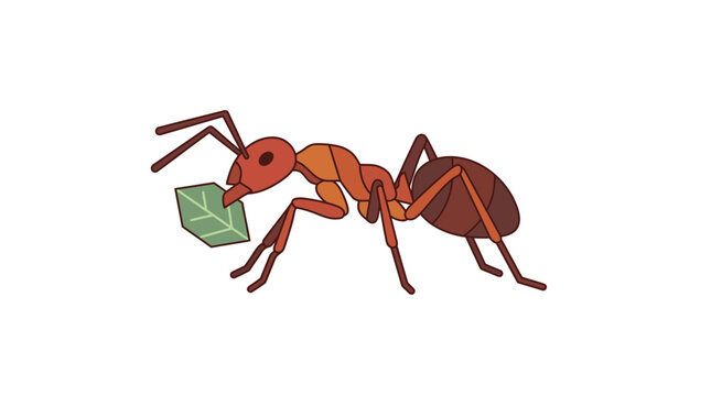 Ant carrying a green leaf demonstrates strength and teamwork in a vector illustration.
