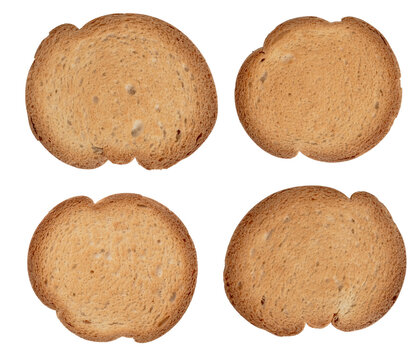 A set of four slices of golden brown toasted bread or rusks, showing porous textures and crispy crusts viewed from above, isolated on a transparent background.