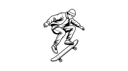 Fototapeta premium Skateboarder performing an ollie jump trick in black and white vector illustration