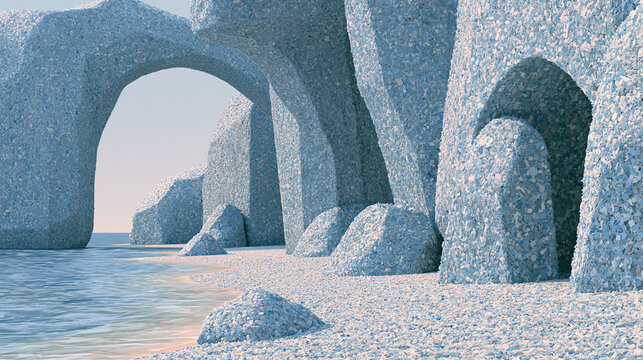 A surreal landscape illustration featuring arches and cliffs constructed entirely from tiny fragments of blue and white plastic waste, situated on a beach by the ocean.