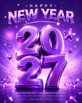 Purple 3D 2027 Happy New Year Celebration with Fireworks