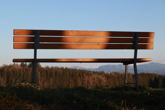 The bench is empty and the sun is shining on it, creating a peaceful