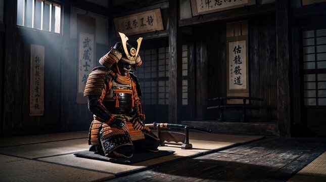 A highly detailed antique suit of traditional samurai armor is displayed within a dimly lit Japanese style room featuring beautiful wooden beams