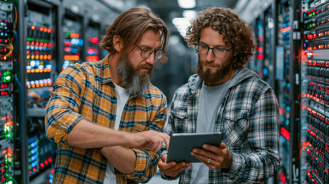 Wide-angle shot of two male IT technicians in plaid shirts standing in a data center corridor, analyzing digital server configurations on a portable tablet device.
