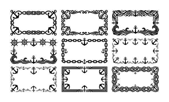 Nautical Frames Vector Set with Marine Anchors Ropes and Waves for Sea Themed Designs
