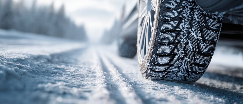 winter tire driving on icy snow road close up banner