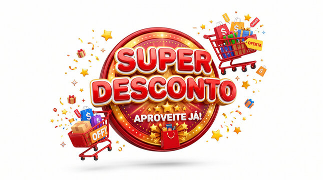 Super Discount Special Offer: A vibrant graphic displays Super Desconto (Super Discount) with sparkling stars, confetti, and shopping carts overflowing with gifts.