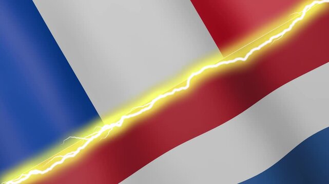Two waving flags France and Netherlands with diagonal lightning seamless, 4k loop