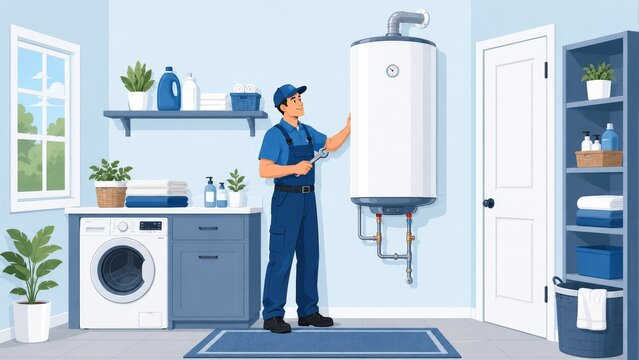Technician Servicing Residential Water Heater in Modern Laundry Room, Home Maintenance Illustration