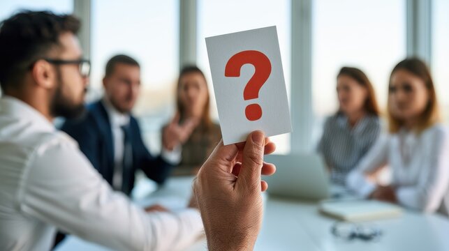 A hand holding a question mark card in the foreground while blurred colleagues sit at a white table during an office meeting or job interview.