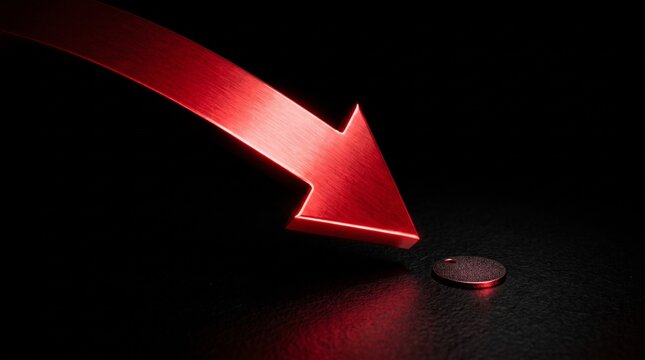 Red arrow pointing down towards a small metallic disc on a dark surface