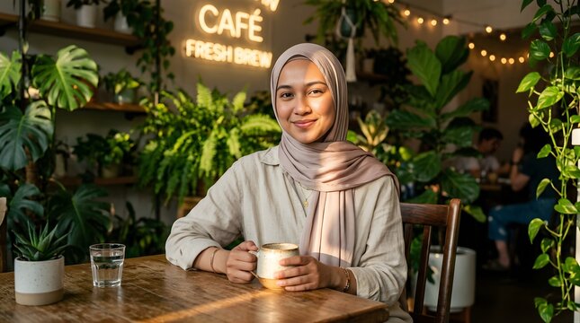 Young woman wearing a hijab sitting in a lush green plant filled cafe.