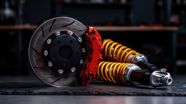 High-performance car brake disc with a vibrant red caliper paired with yellow coilover suspension shock absorbers resting on a dark surface.