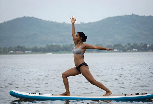 Stand up paddleboard yoga for wellness and balance, woman practicing warrior pose on water with mountains