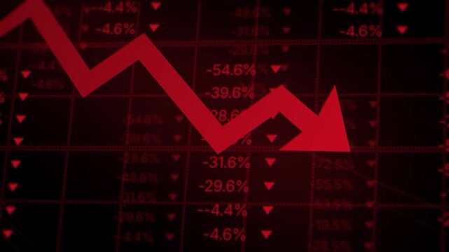 Red downward arrow signifies financial decline, suitable for presentations, reports, articles on stock market analysis, economic trends, investment strategies.