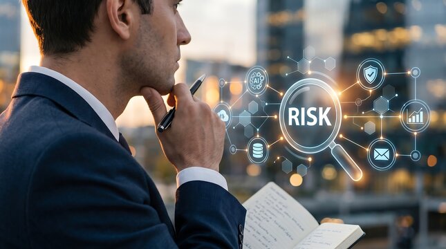 Professional businessman thinking about global risk management and digital security while holding notebook against glowing data visualization icons in modern city office.