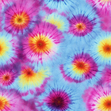 Colorful Tie Dye Seamless Pattern with Vibrant Psychedelic Spiral Circles Background