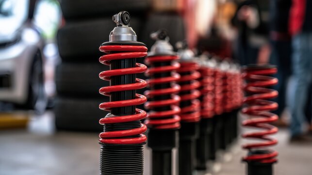 Close-up selective focus on a line of high-performance red coilover shock absorbers lined up inside a workshop or store.
