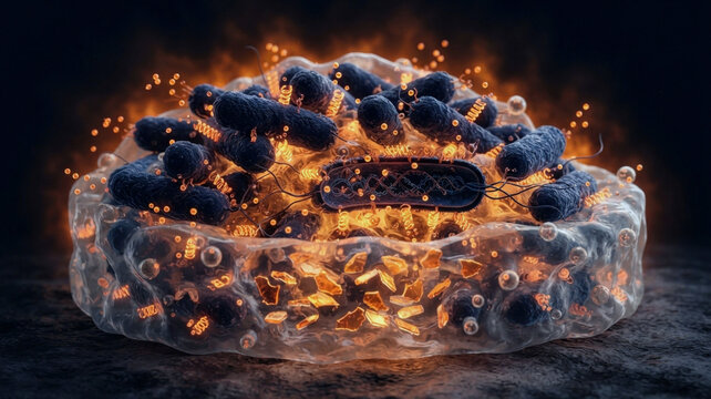 Antibiotic resistant bacterial colony with efflux pumps, vesicles, and trapped drug shards in a translucent matrix.
