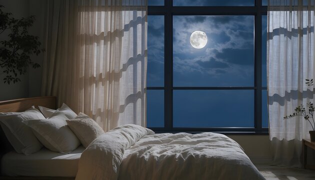 Full moon glowing through bedroom window above comfortable bedding during quiet peaceful midnight nighttime atmosphere with displays serene bedroom